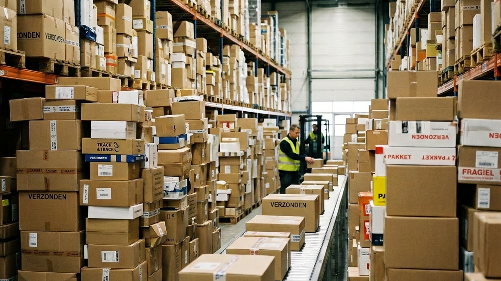 Warehouse worker in yellow vest holding a box walking between shelves stacked with cardboard boxes